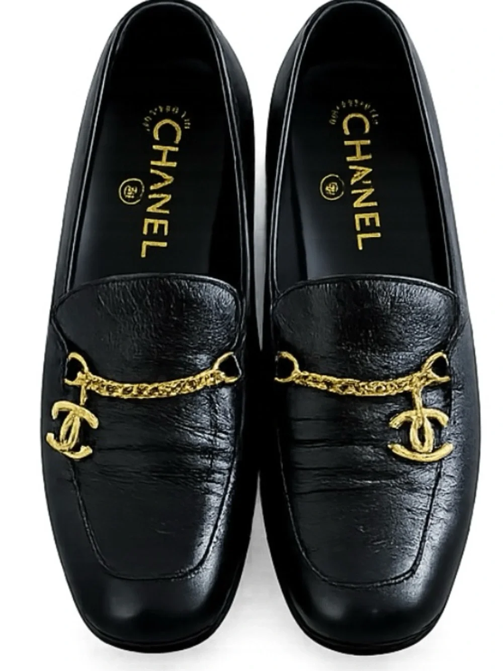 CHANEL Black Leather Loafers with Gold Chain CC Charm - Picture 1 of 6